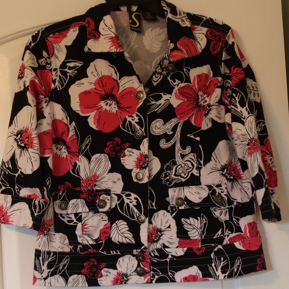 Sportelle Black Pink White Button Down Spring/Summer Jacket Sz M Cotton/Spandex